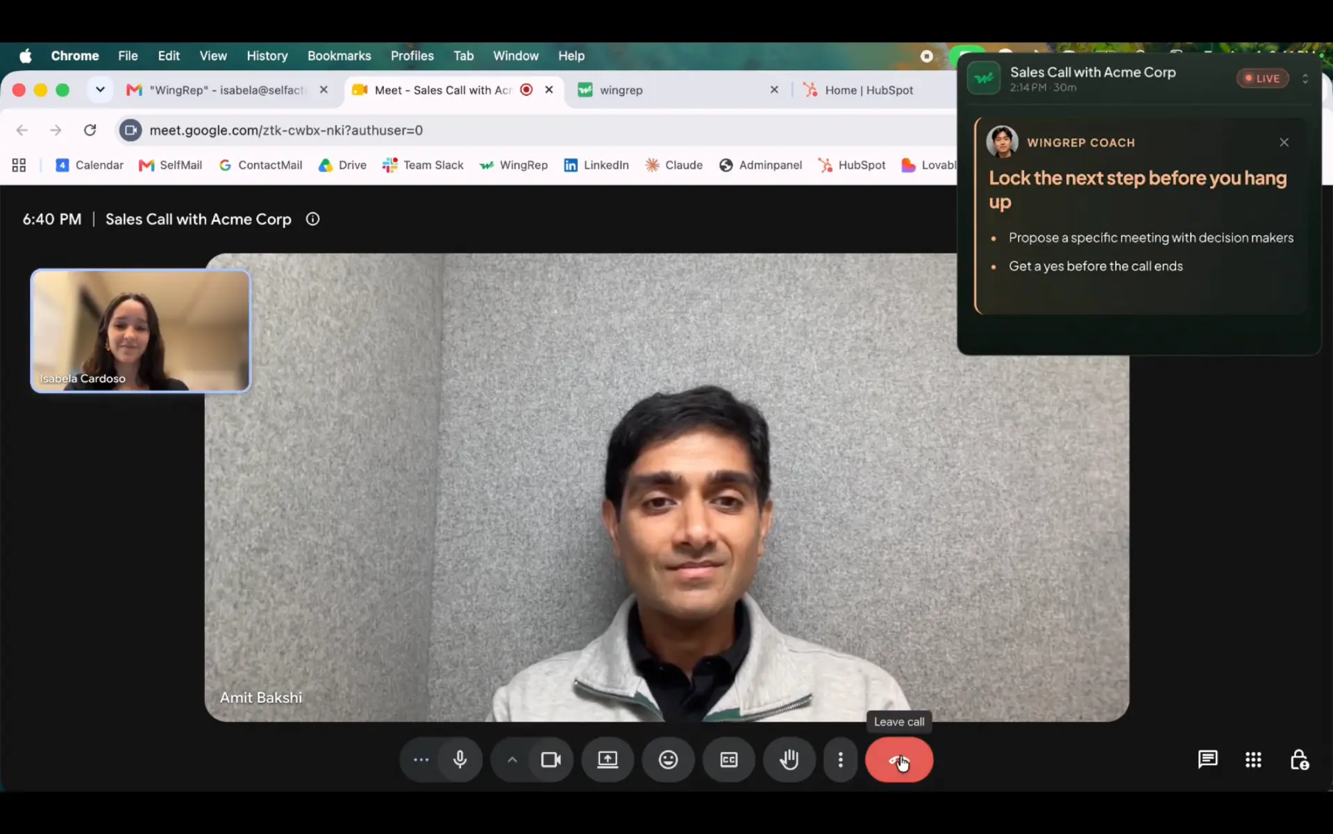 A WingRep Coach nudge on a live Google Meet call: "Lock the next step before you hang up," with two quick reminders to propose a meeting with decision makers and get a yes before the call ends.